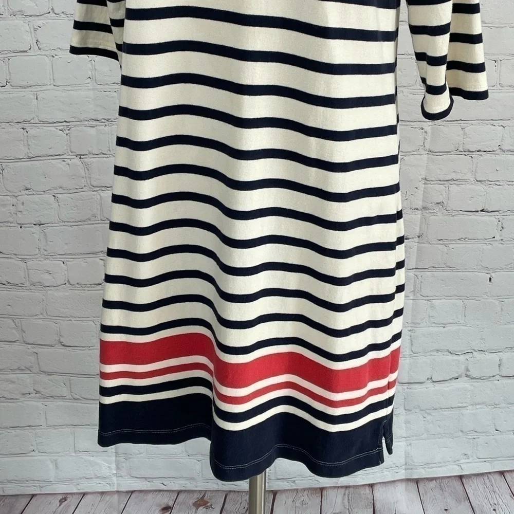 LL Bean Medium Boat Neck 3/4 Sleeve Dress Striped 100% Cotton Cream/Blue/Red - Picture 6 of 11